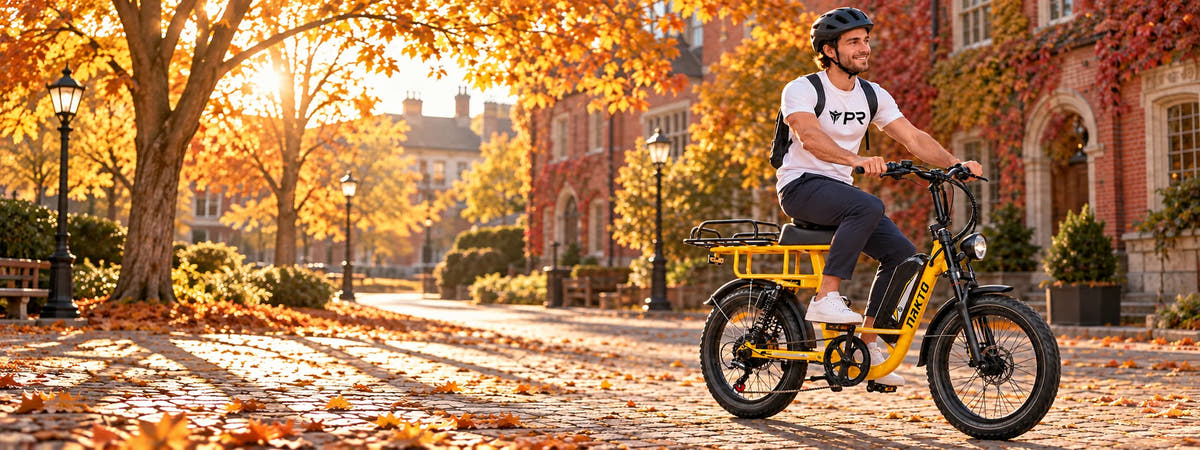 A helmeted rider wearing a white Punk Ride logo T-shirt rides a yellow NAKTO F4 cargo electric bike through a sunlit autumn courtyard. Desktop collection banner.