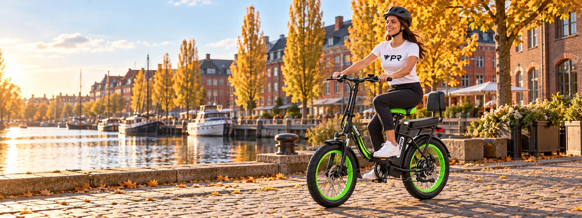 A helmeted rider wearing a white Punk Ride logo T-shirt rides a black and green HIDOES C1 electric bike beside an autumn waterfront. Desktop collection banner.