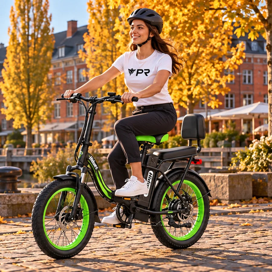 A helmeted rider wearing a white Punk Ride logo T-shirt rides a black and green HIDOES C1 electric bike beside an autumn waterfront. Mobile collection banner.