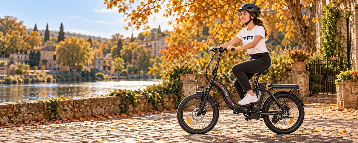 A helmeted rider wearing a white Punk Ride logo T-shirt rides the SAMEBIKE CY20 Portable Electric Bike in an autumn setting. Desktop collection banner.