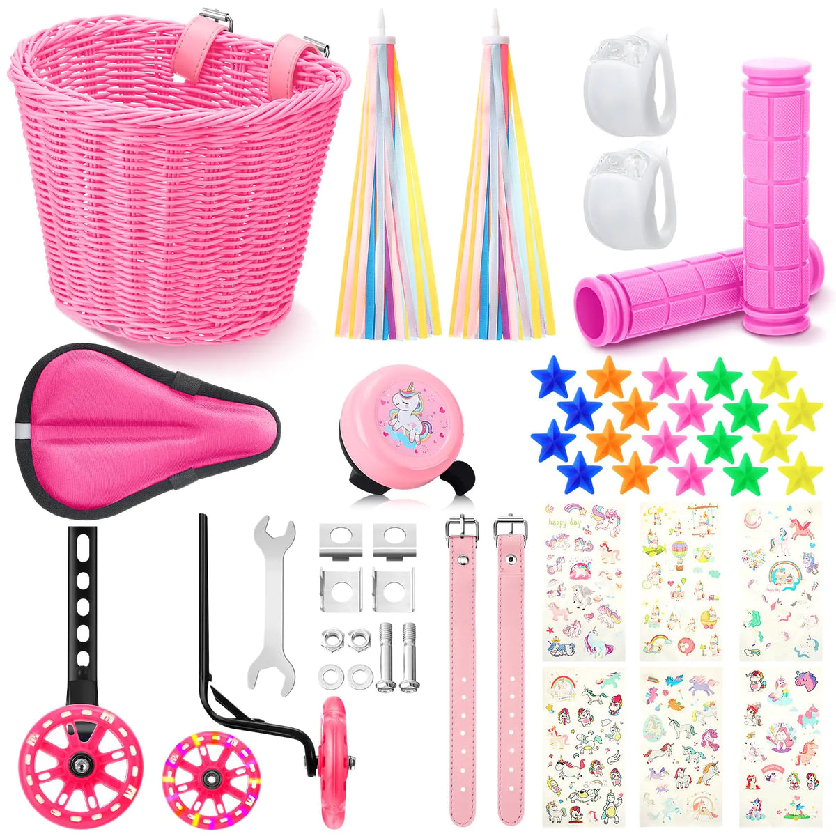 Datanly Kids Bike Basket for Girls Boys Bicycle Accessories Set Front Training Wheels for 12-20 Inch Seat Cushion Streamers Bell Stickers Handlebar Grips Bicycle Light Bead (Unicorn StickerPink)