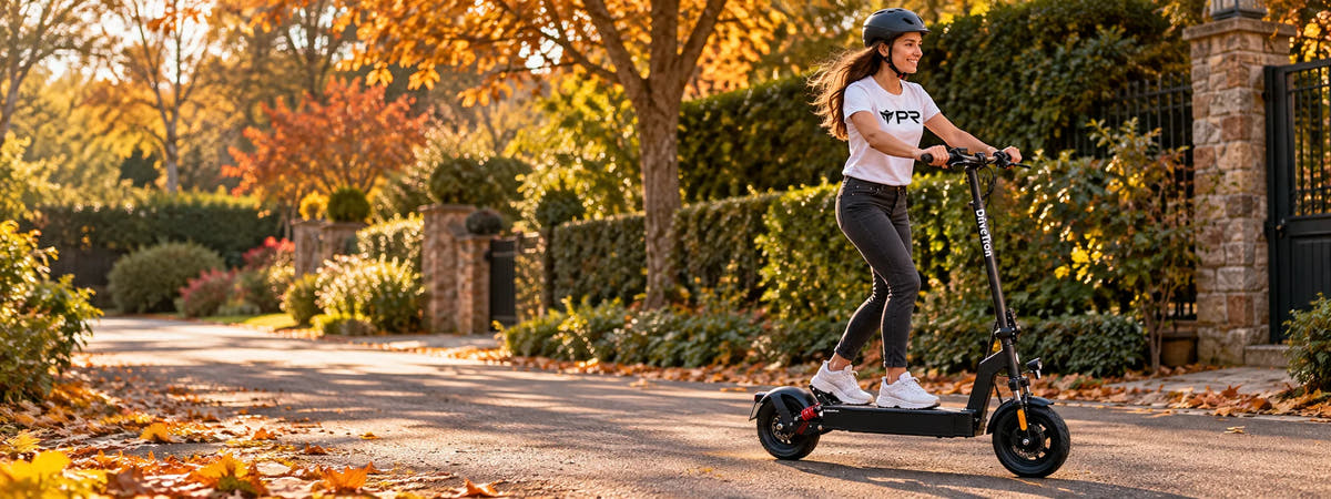 A helmeted rider wearing a white Punk Ride logo T-shirt rides the DriveTron DT08 Electric Scooter in an autumn setting. Desktop collection banner.