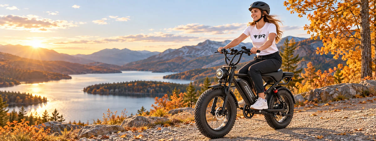 Helmeted rider wearing a white Punk Ride T-shirt, riding the AOVOPRO AP20 / QLAWAY Bike in an autumn setting.