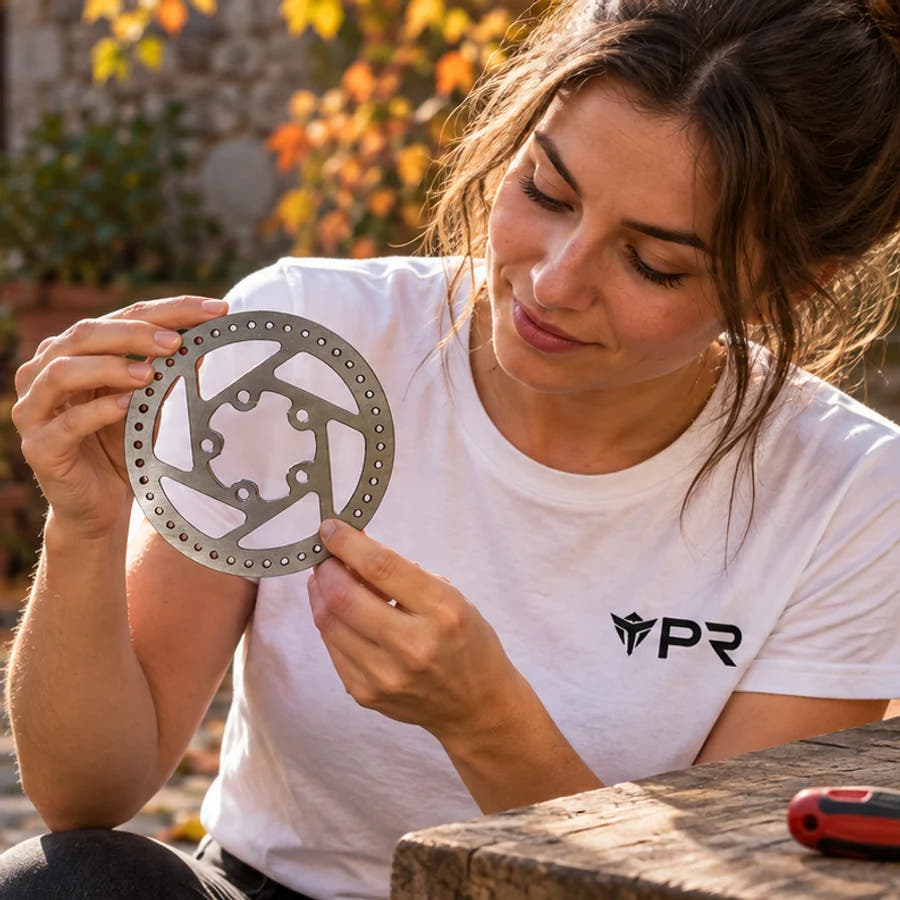Woman in a white Punk Ride T-shirt inspecting a silver M365 scooter brake rotor on an autumn courtyard.