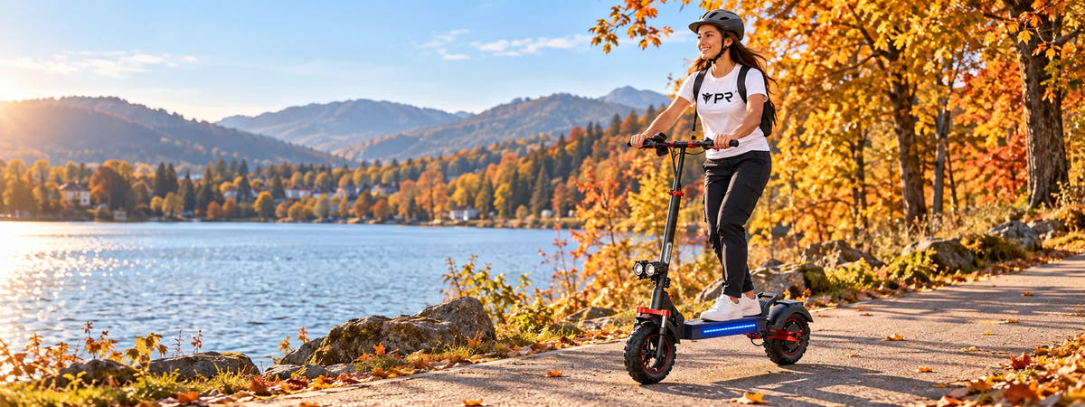 A helmeted rider wearing a white Punk Ride logo T-shirt rides a black and red ISCOOTER iX5S with wide knobbly tyres beside an autumn lake. Desktop collection banner.