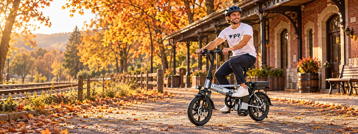 A helmeted rider wearing a white Punk Ride logo T-shirt rides a silver AOVOPRO EB60 folding electric bike beside an autumn railway-station garden. Desktop collection banner.