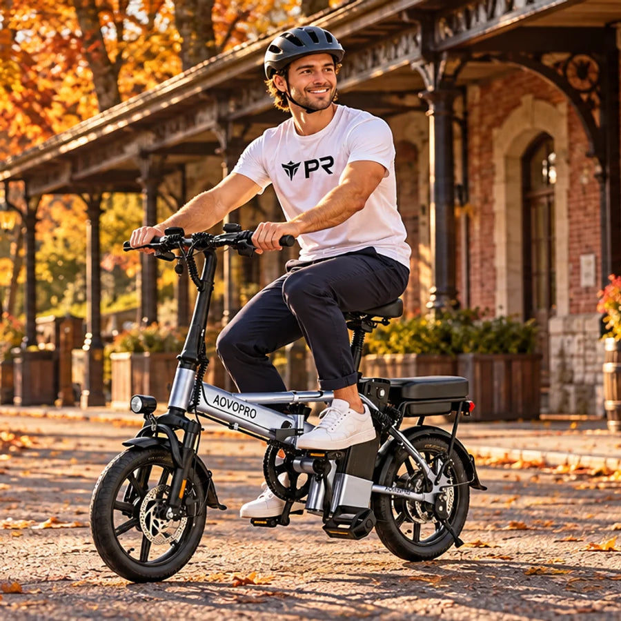 A helmeted rider wearing a white Punk Ride logo T-shirt rides a silver AOVOPRO EB60 folding electric bike beside an autumn railway-station garden. Mobile collection banner.