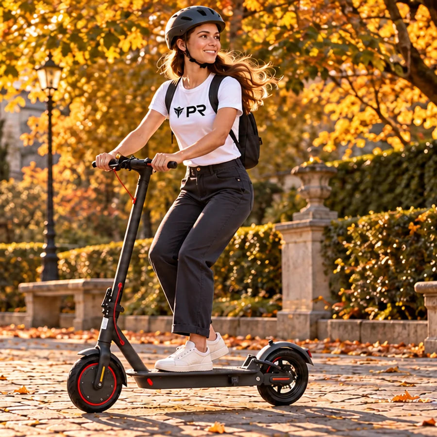 Helmeted rider wearing a white Punk Ride T-shirt, riding the AOVOPRO AP07 Scooter in an autumn setting.