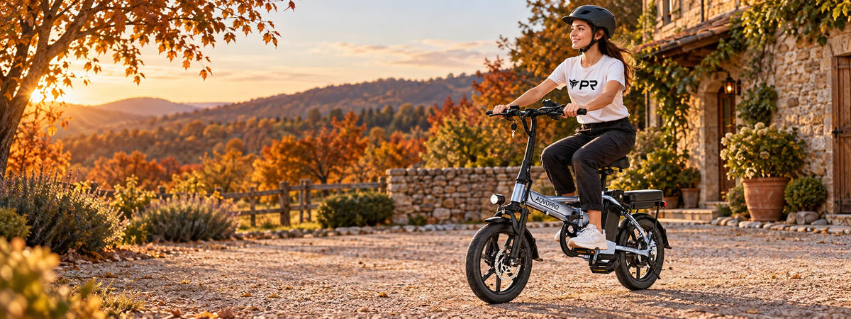 A helmeted rider wearing a white Punk Ride logo T-shirt rides the AOVOPRO EB60 Electric Bike in an autumn setting. Desktop collection banner.