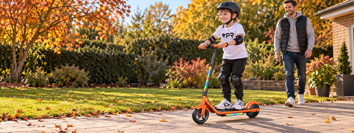 A helmeted rider wearing a white Punk Ride logo T-shirt rides the ISCOOTER K2 Pro Kids Electric Scooter in an autumn setting. Desktop collection banner.