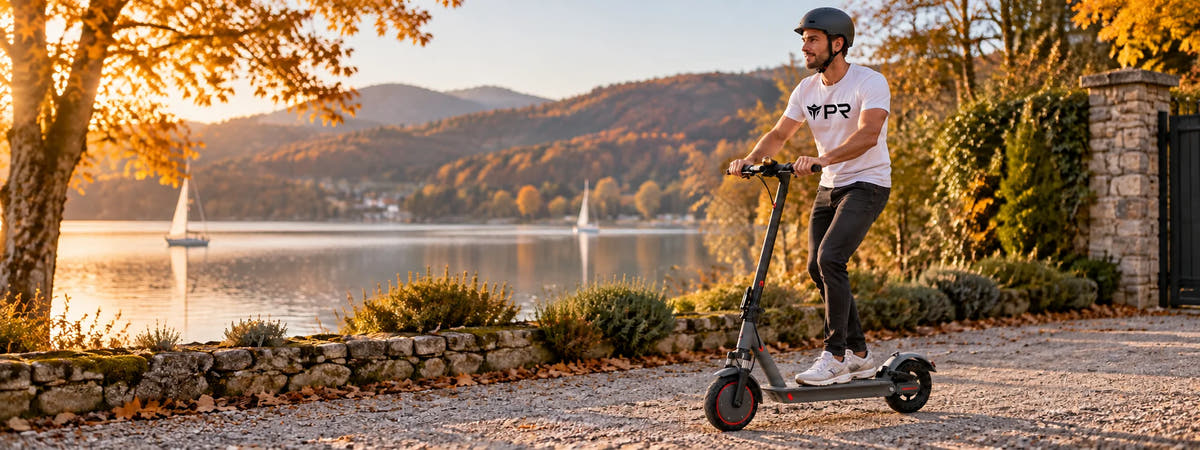 A helmeted rider wearing a white Punk Ride logo T-shirt rides the AOVOPRO AP07 Electric Scooter in an autumn setting. Desktop collection banner.