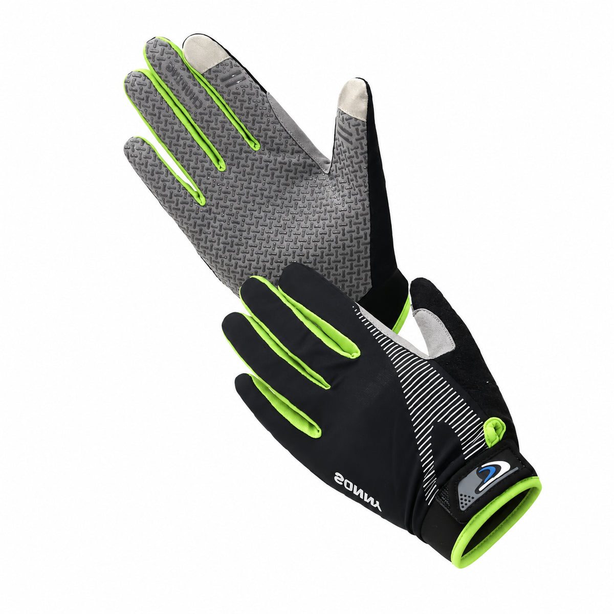 Green and black cycling gloves with palm and back views on white background