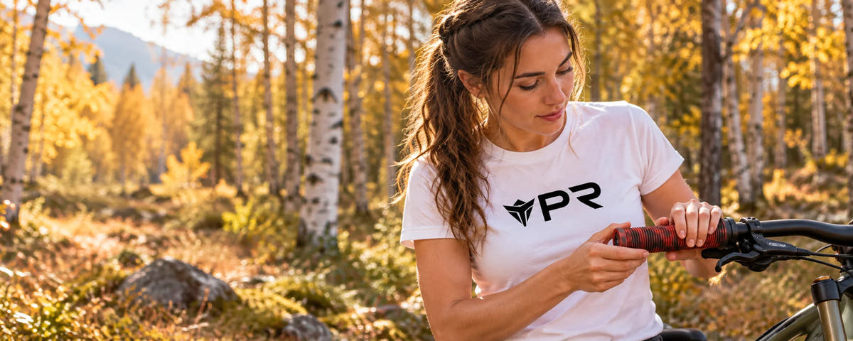 Woman in a white Punk Ride T-shirt fitting red and black lock-on bicycle grips beneath autumn trees.