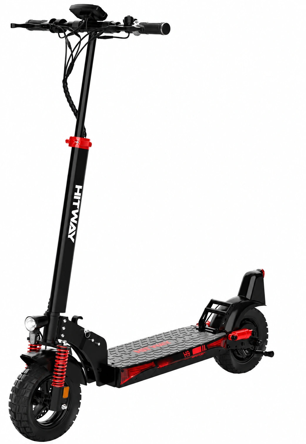 Black and red HITWAY H9 500W electric scooter, complete three-quarter view on a white background