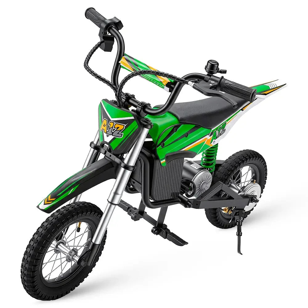 iScooter A12 Green electric dirt bike with green frame panels and black seat