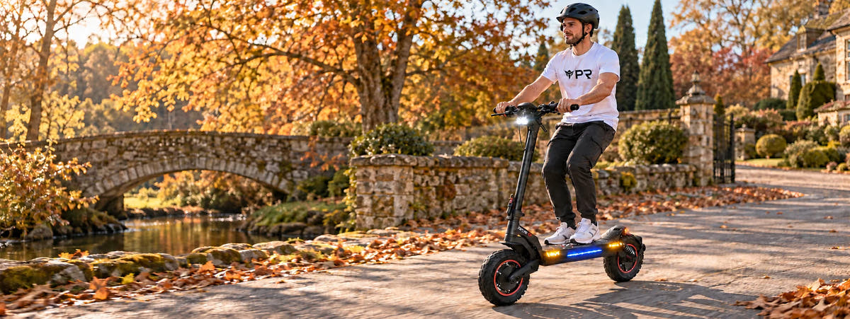 A helmeted rider wearing a white Punk Ride logo T-shirt uses the ISCOOTER iX7 Pro Electric Scooter in an autumn setting. Desktop collection banner.