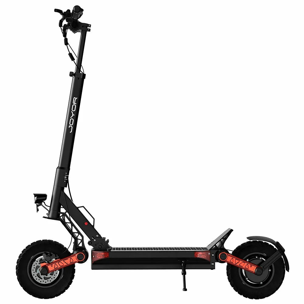JOYOR S8-S-Z electric scooter in black with orange suspension arms, left-side view