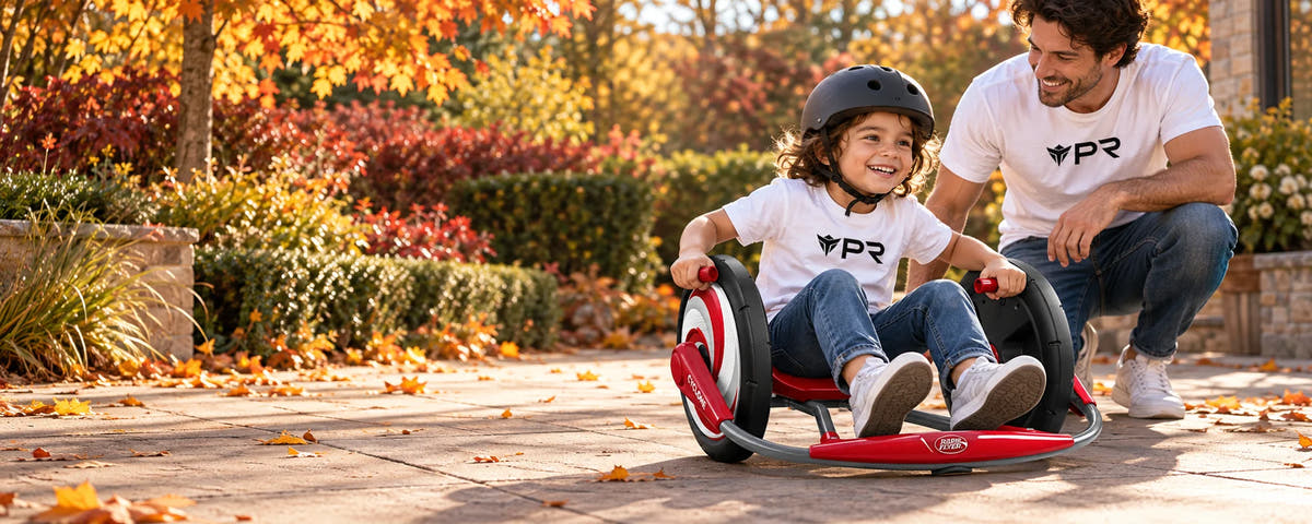 A helmeted child uses a red Radio Flyer Cyclone ride-on toy beside an adult in white Punk Ride logo T-shirts on an autumn path.