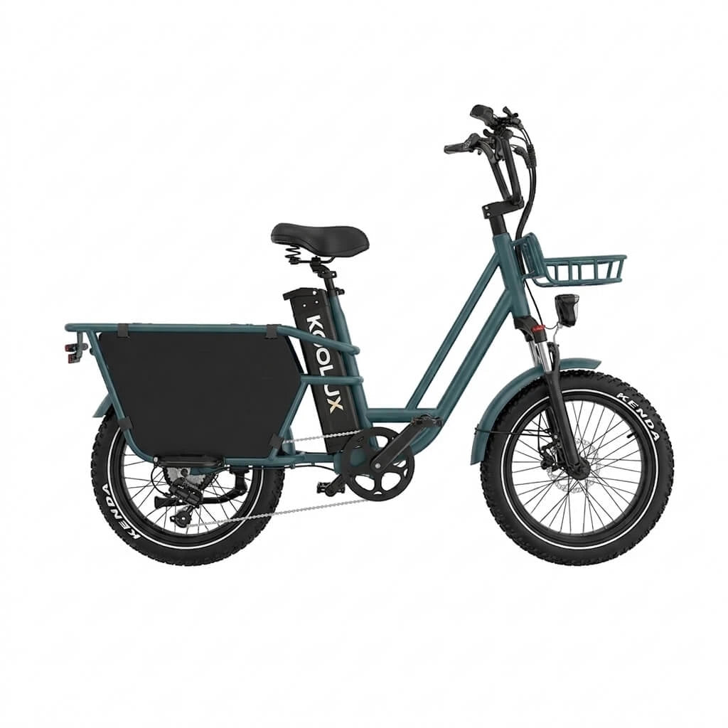 KOOLUX X7 Pro cargo-style electric bike, complete side view showing step-through frame and 20-inch fat tyres