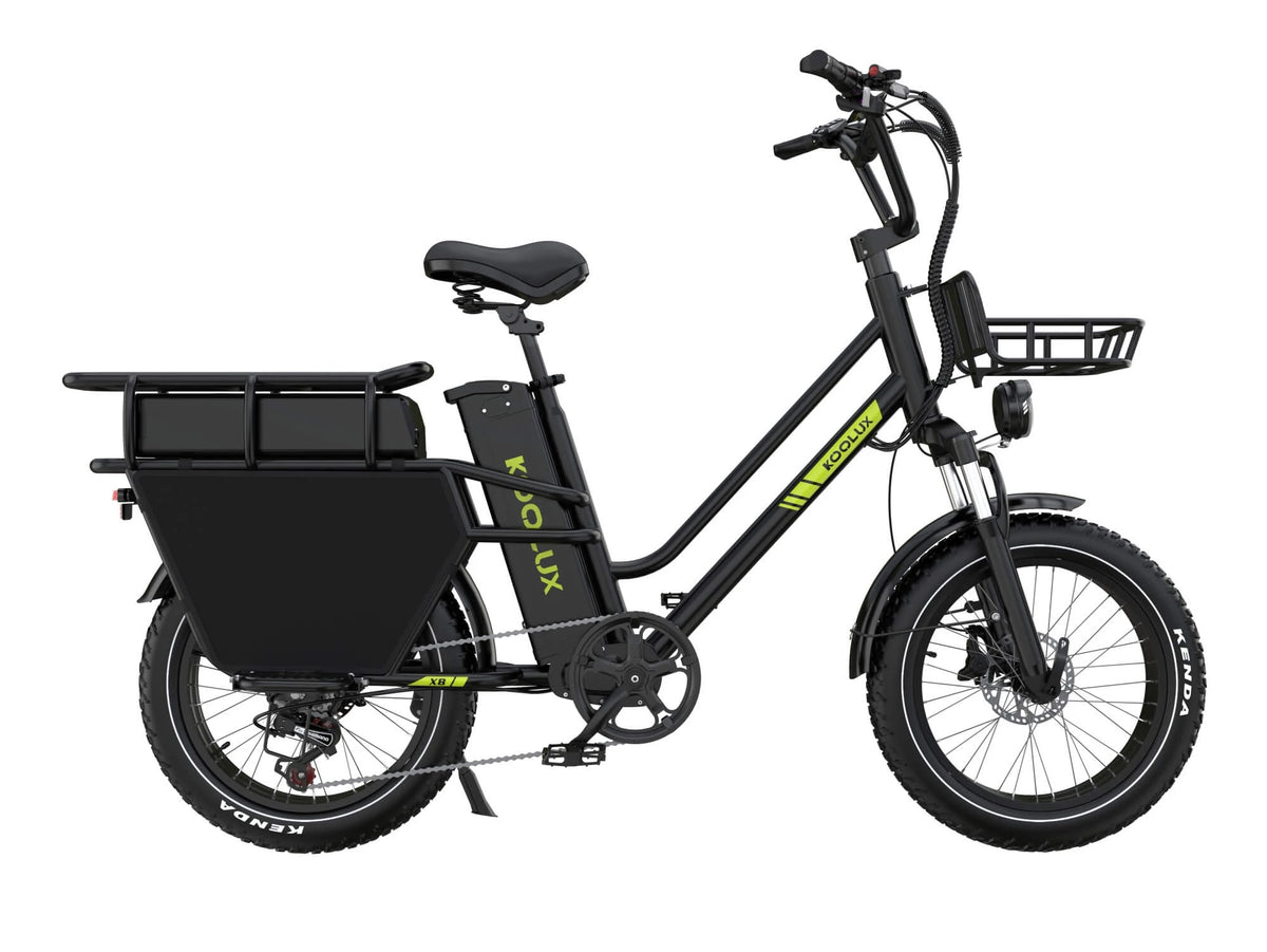 Black KOOLUX X8 dual-battery electric bike, complete side view showing front basket and long rear rack
