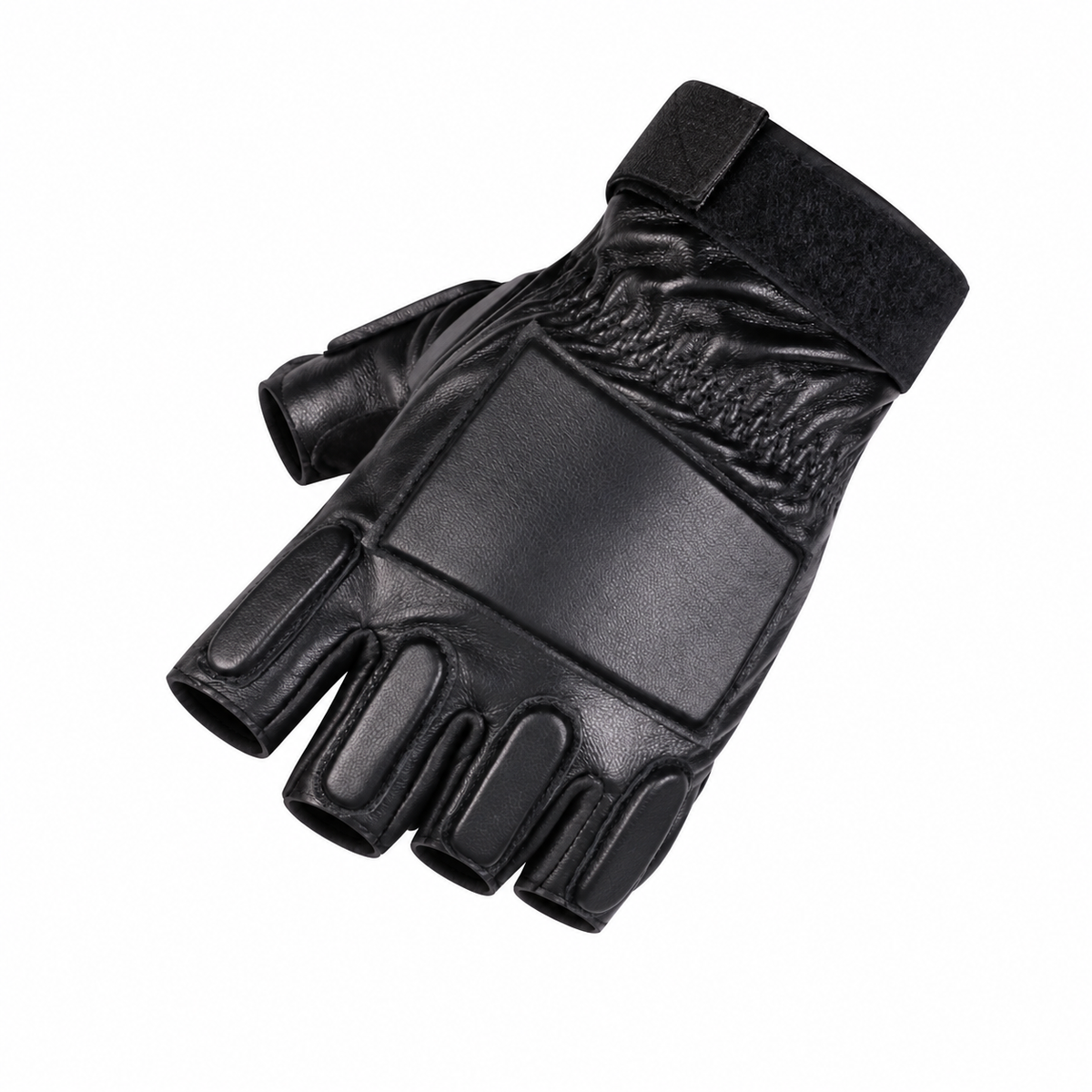 Black half-finger cycling glove on white background