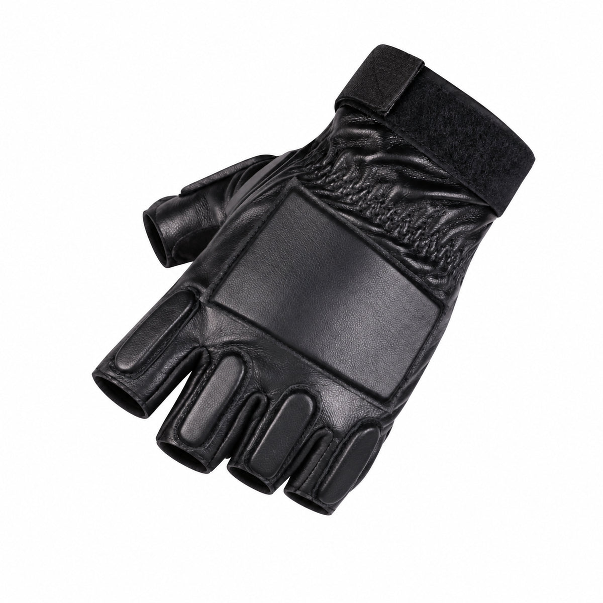 Black half-finger cycling glove on white background
