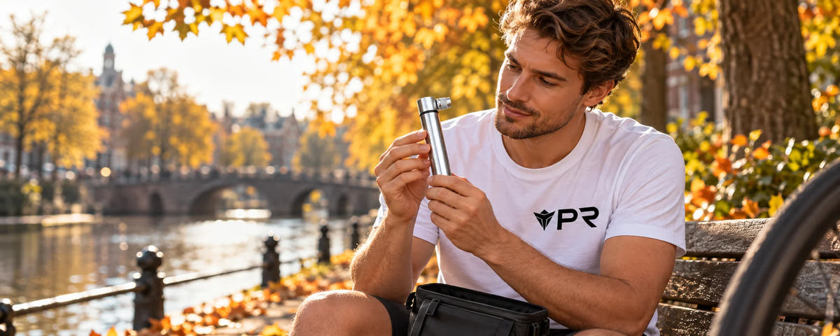 Rider in a white Punk Ride T-shirt checking a silver mini bicycle pump from a cycle bag beside an autumn canal.