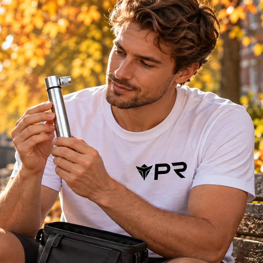 Rider in a white Punk Ride T-shirt checking a silver mini bicycle pump from a cycle bag beside an autumn canal.