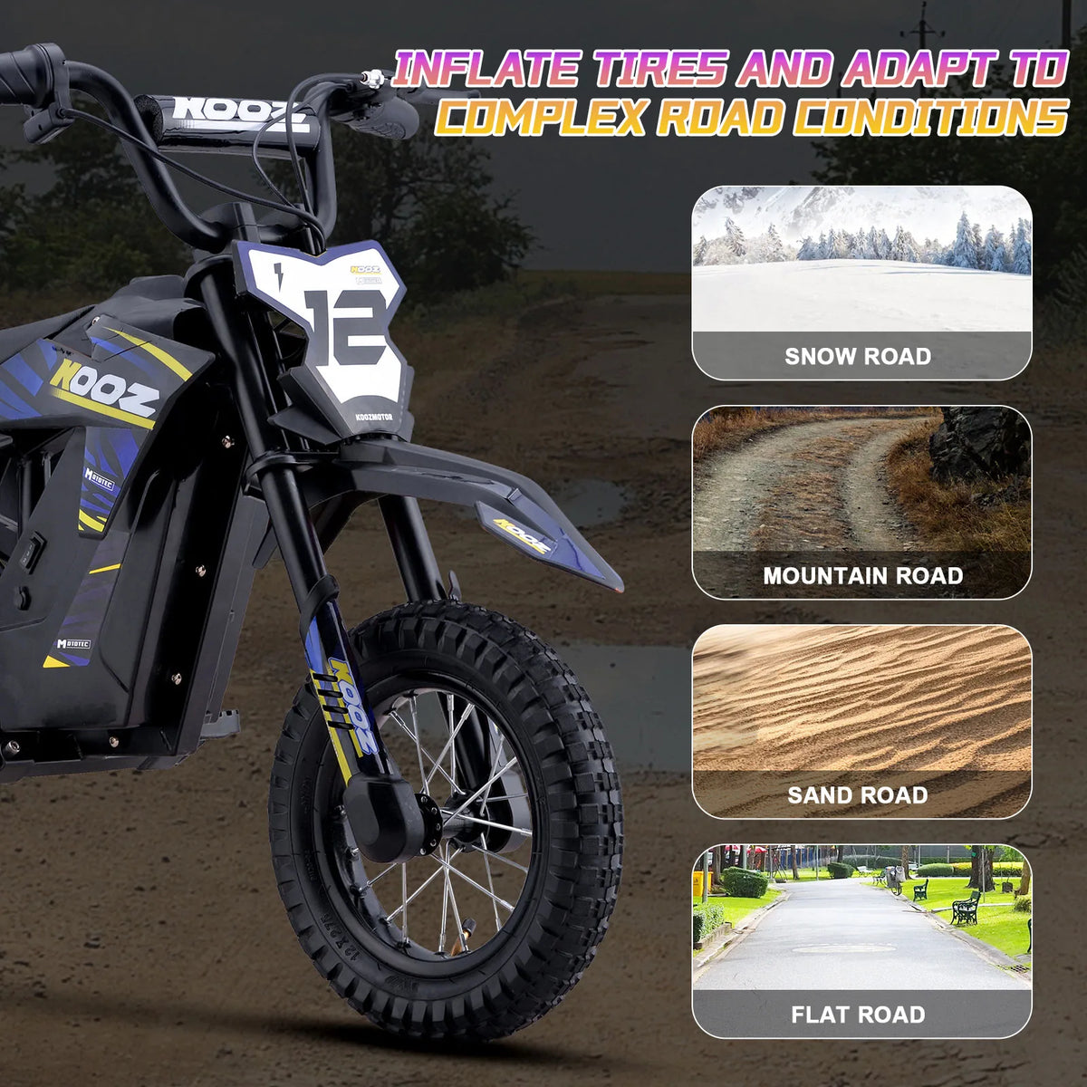 MotoTec HP122E electric dirt bike wheel and suspension detail