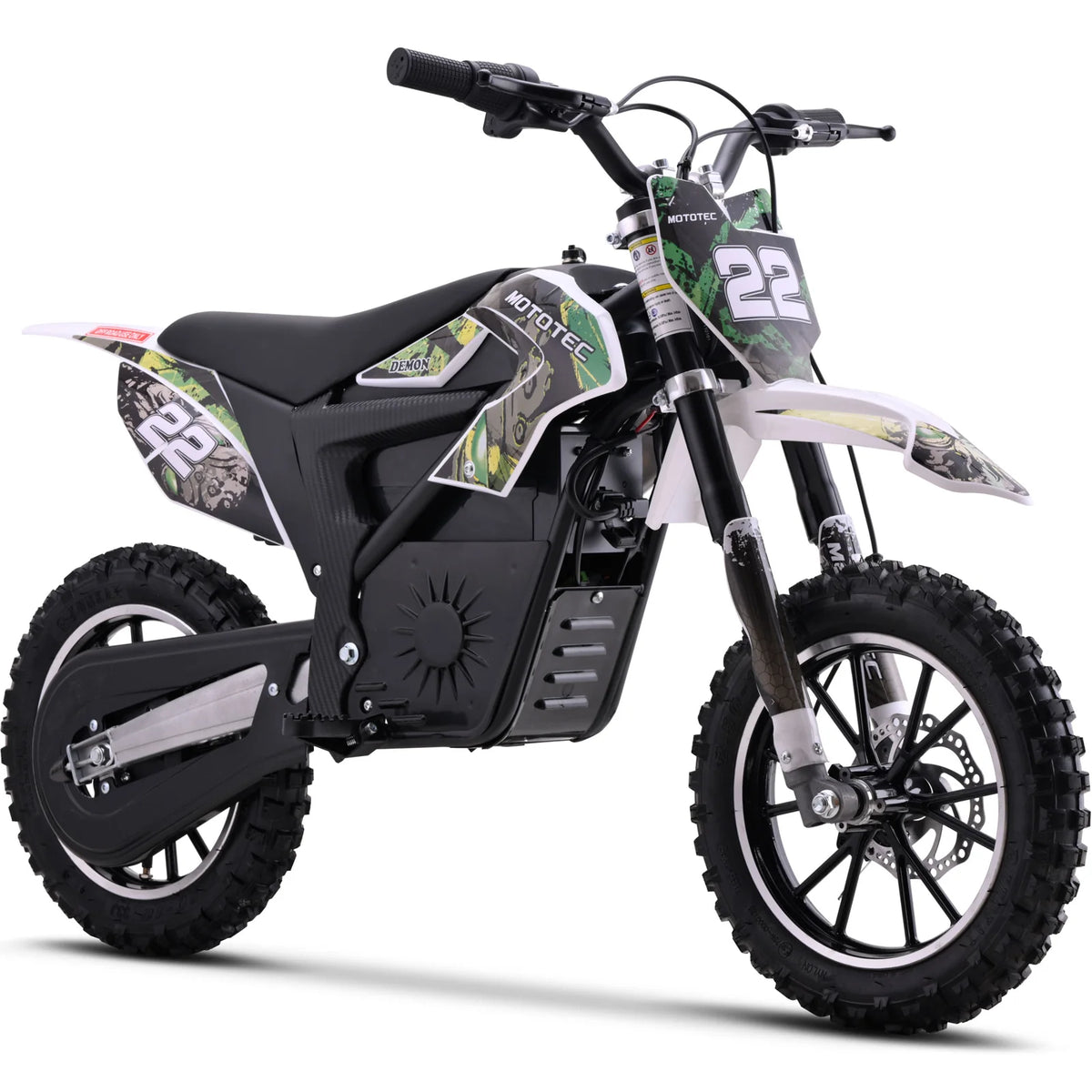 MotoTec Demon 790W green electric dirt bike, front three-quarter view on white