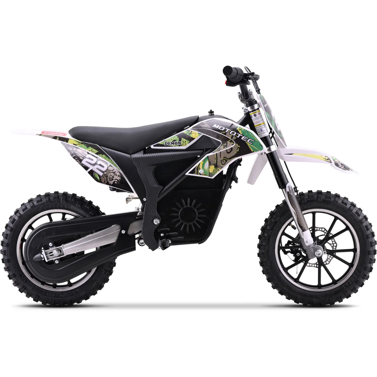 MotoTec Demon 790W green electric dirt bike, rear three-quarter view on white
