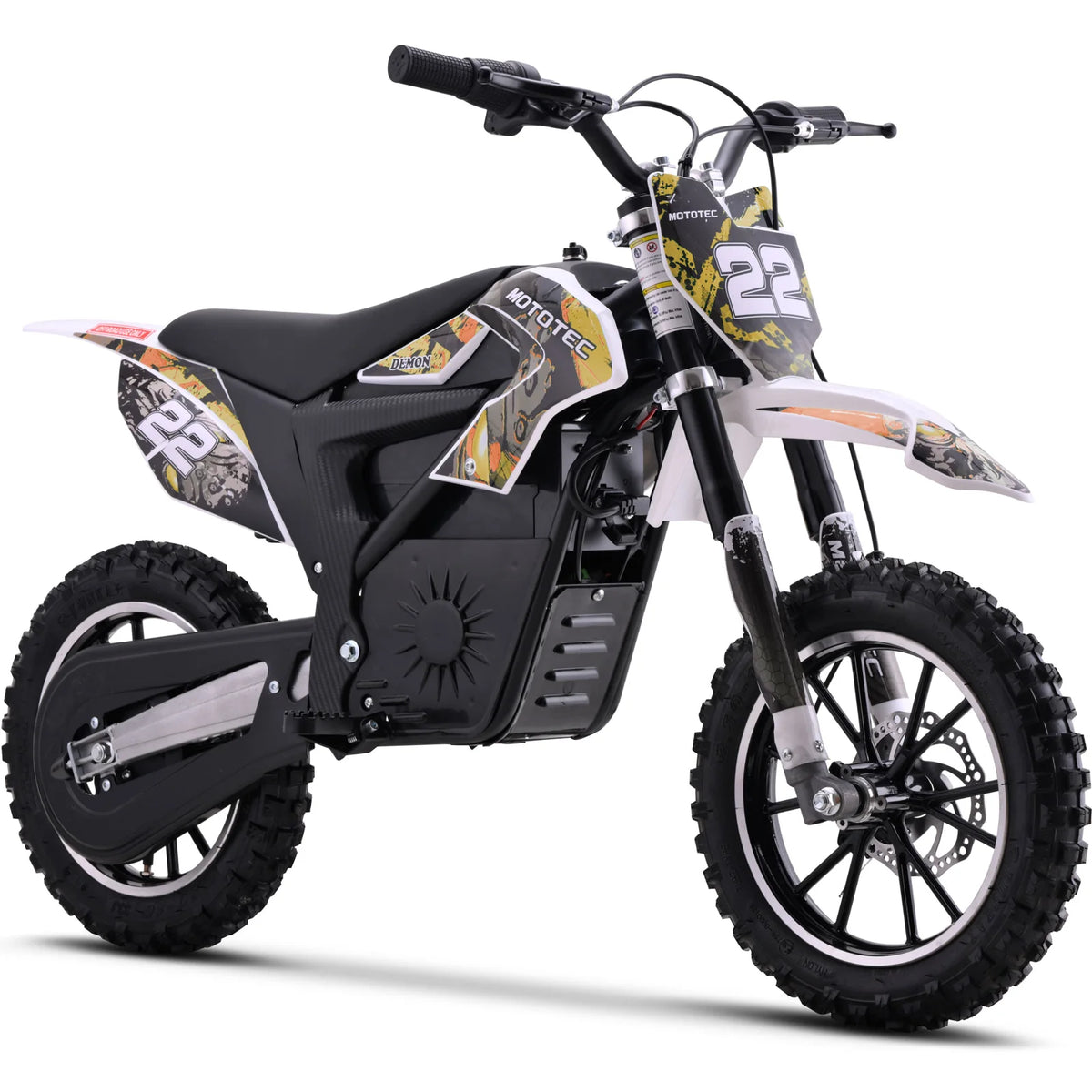 MotoTec Demon 790W orange electric dirt bike, front three-quarter view on white