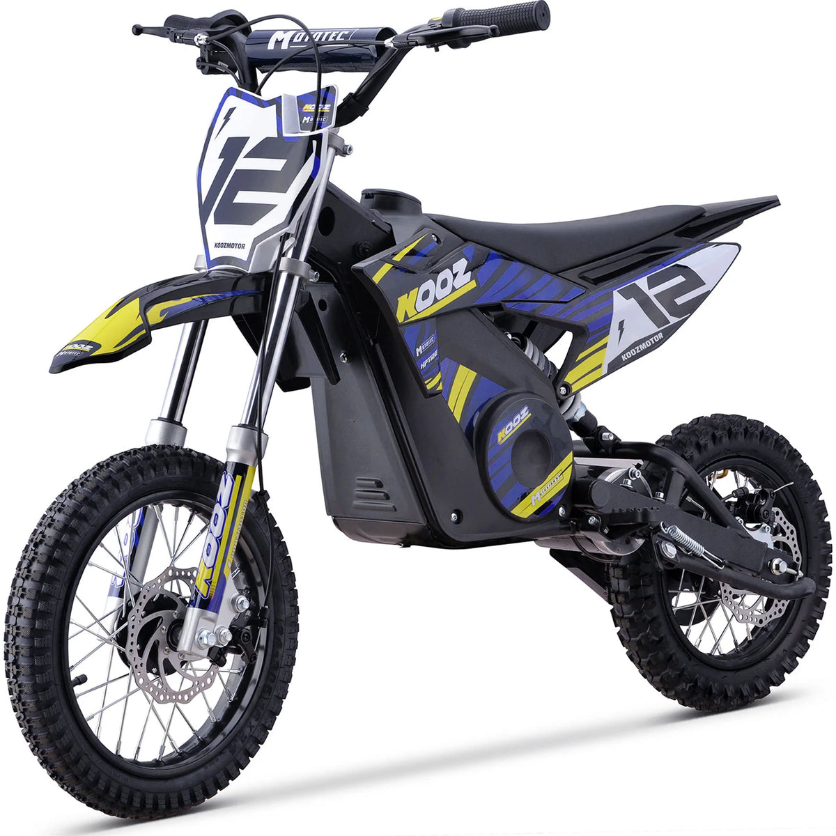 MotoTec HP112E blue electric dirt bike, front three-quarter product view on white