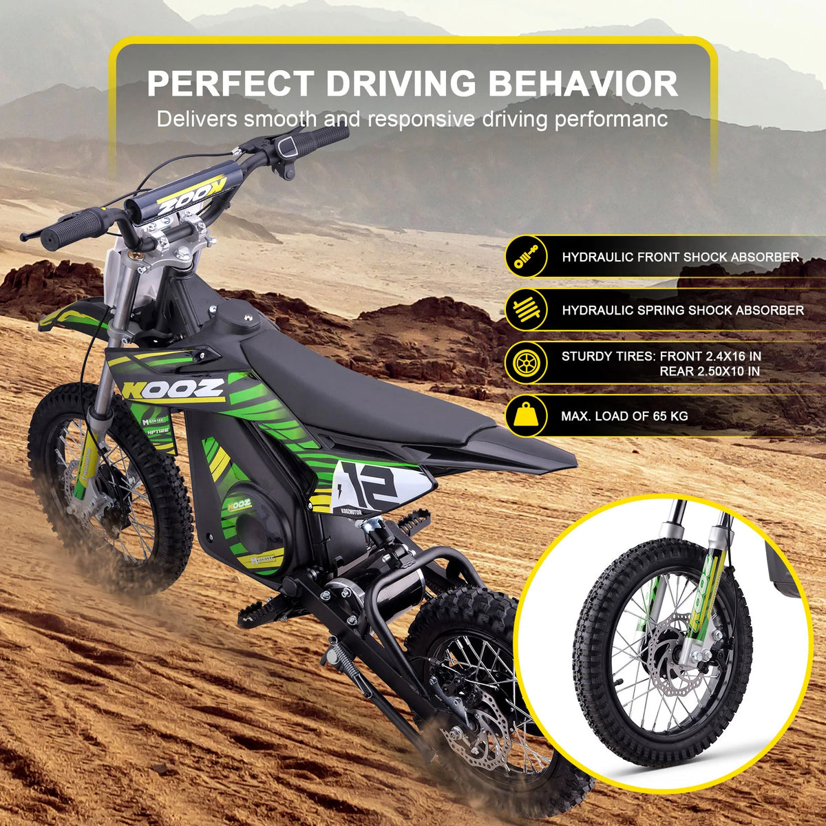 MotoTec HP112E green electric dirt bike, rear view with front brake illustration