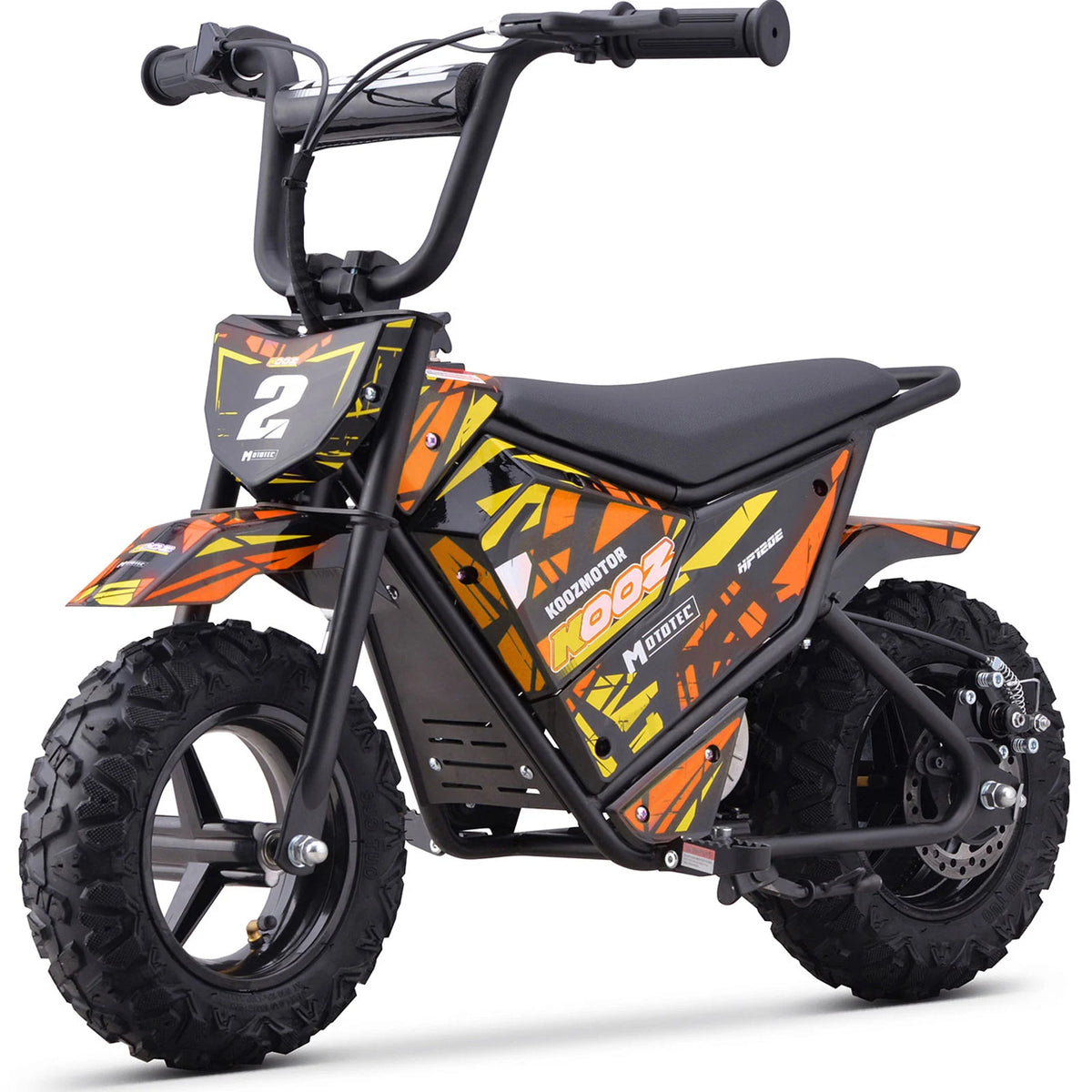 MotoTec HP120E 24V 250W electric mini bike in Orange, front three-quarter view