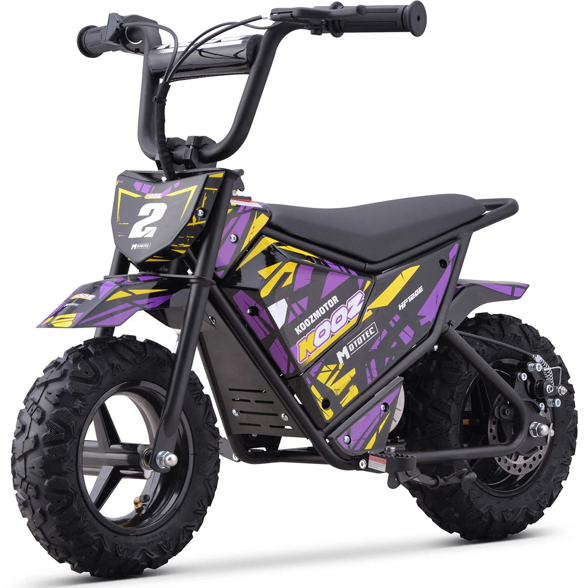 MotoTec HP120E 24V 250W electric mini bike in Purple, front three-quarter view