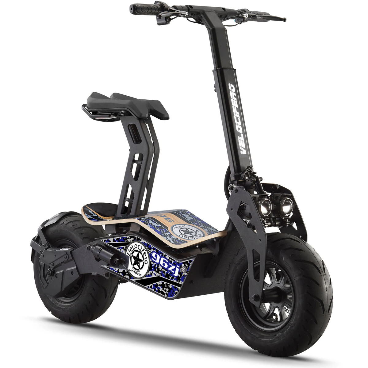 MotoTec Mad 48V 1600W electric scooter in Blue camo, front three-quarter view