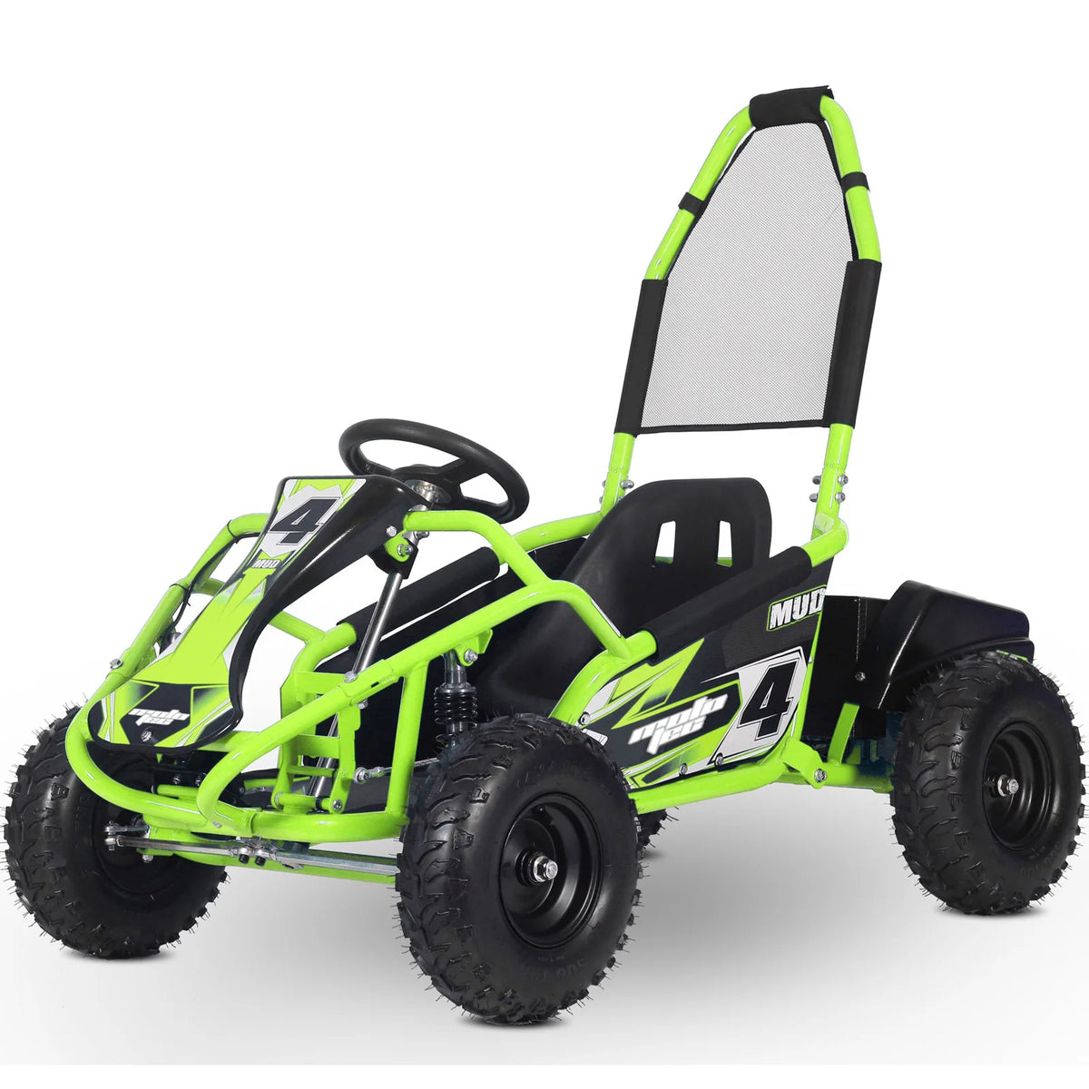 MotoTec Mud Monster Kids Electric 48V 1000W Go Kart Full Suspension — Green complete product on white background