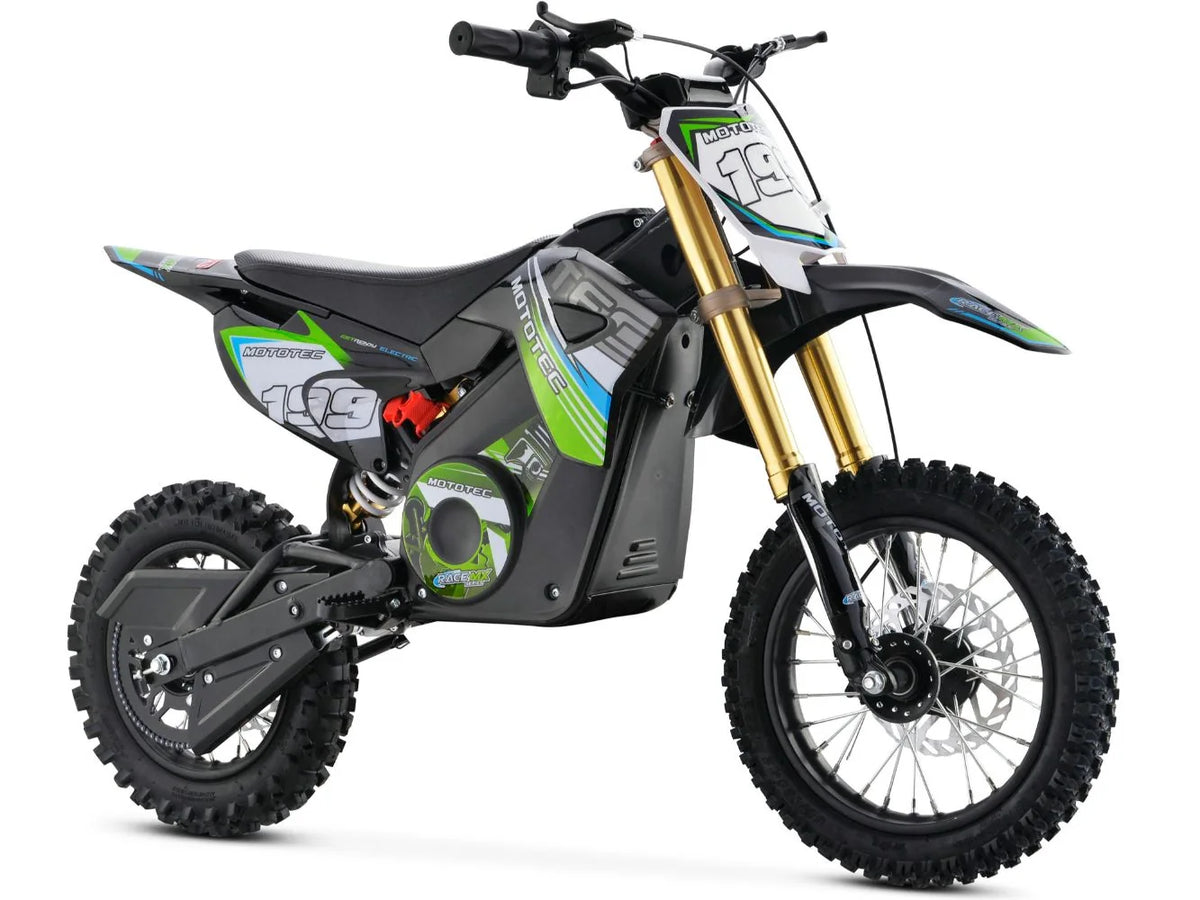 MotoTec Pro 36V 1200W electric dirt bike in green, front three-quarter view on white background