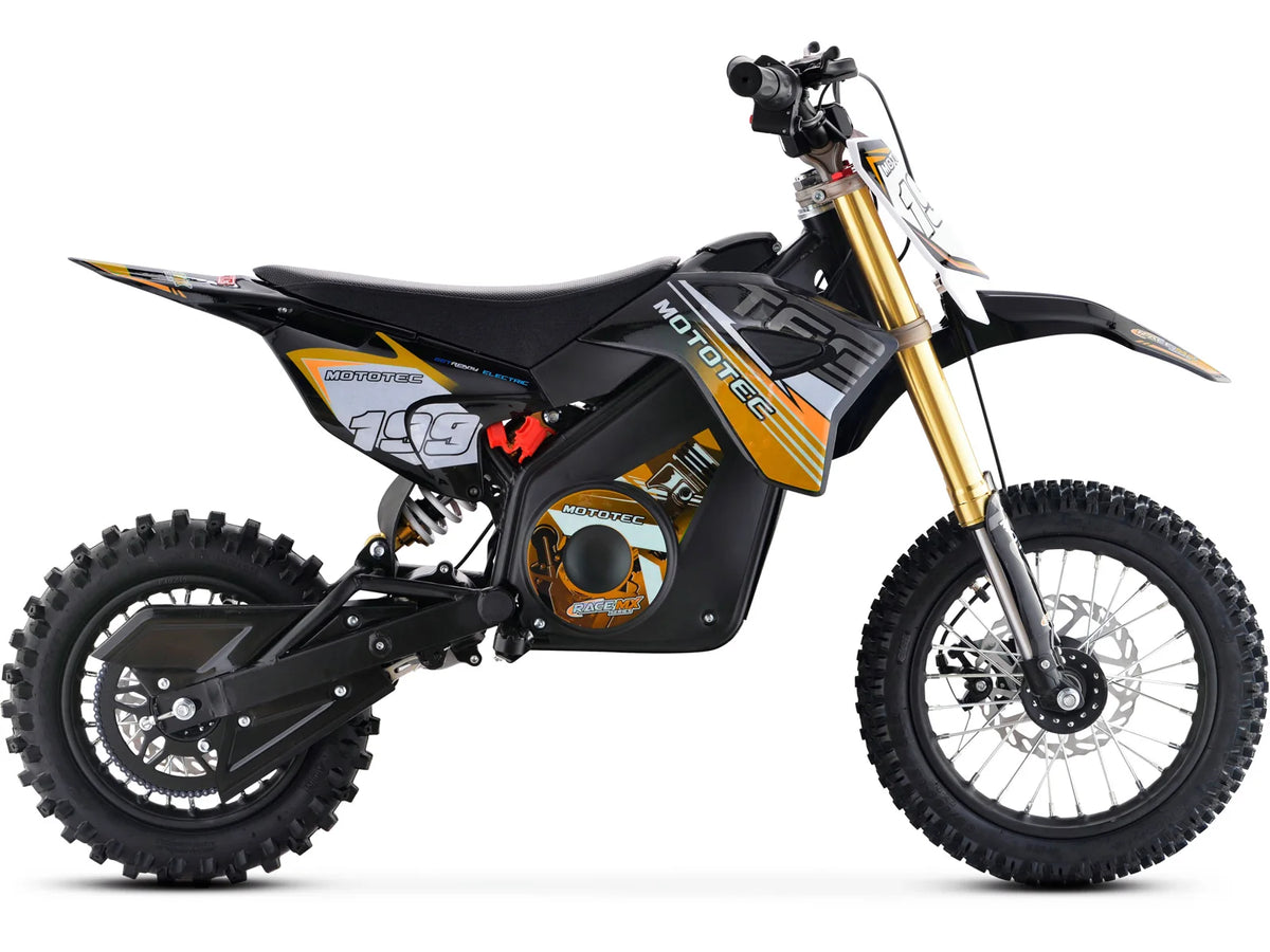 MotoTec Pro 36V 1200W electric dirt bike in orange, right side profile on white background