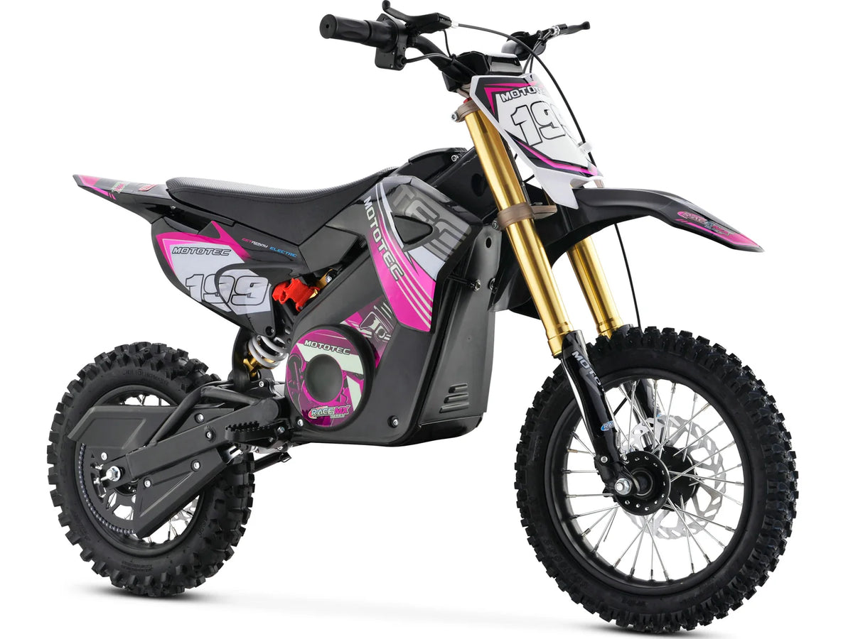 MotoTec Pro 36V 1200W electric dirt bike in pink, front three-quarter view on white background