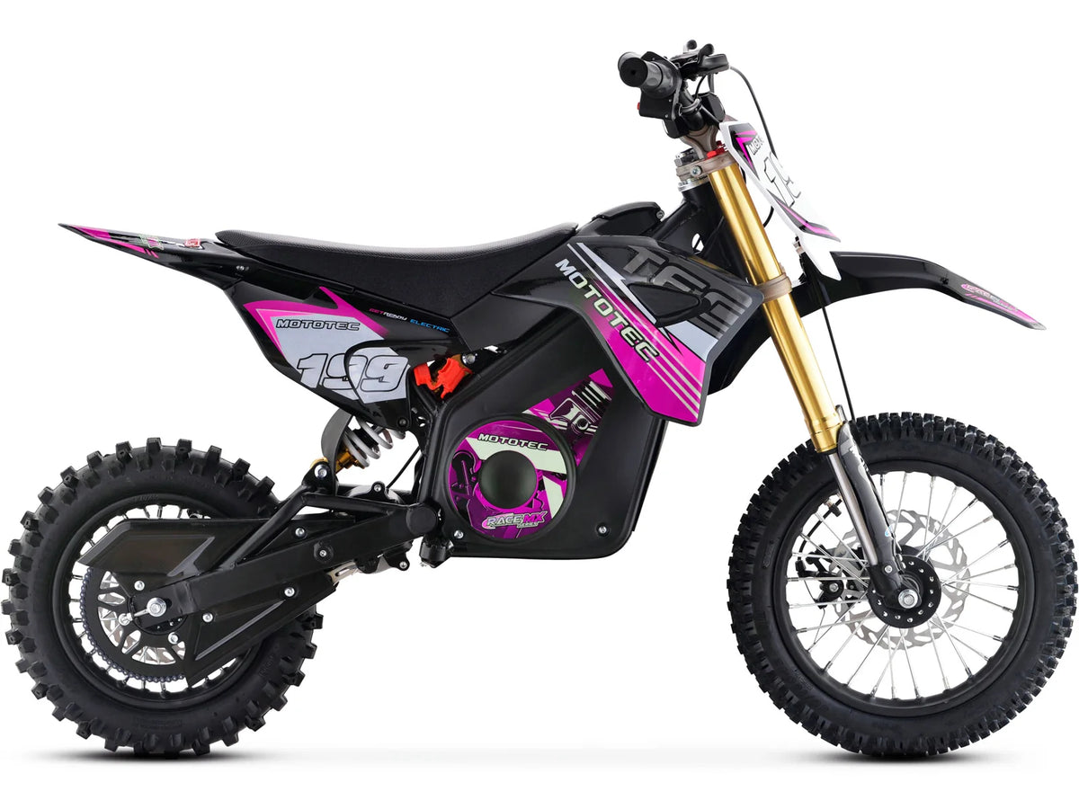 MotoTec Pro 36V 1200W electric dirt bike in pink, right side profile on white background