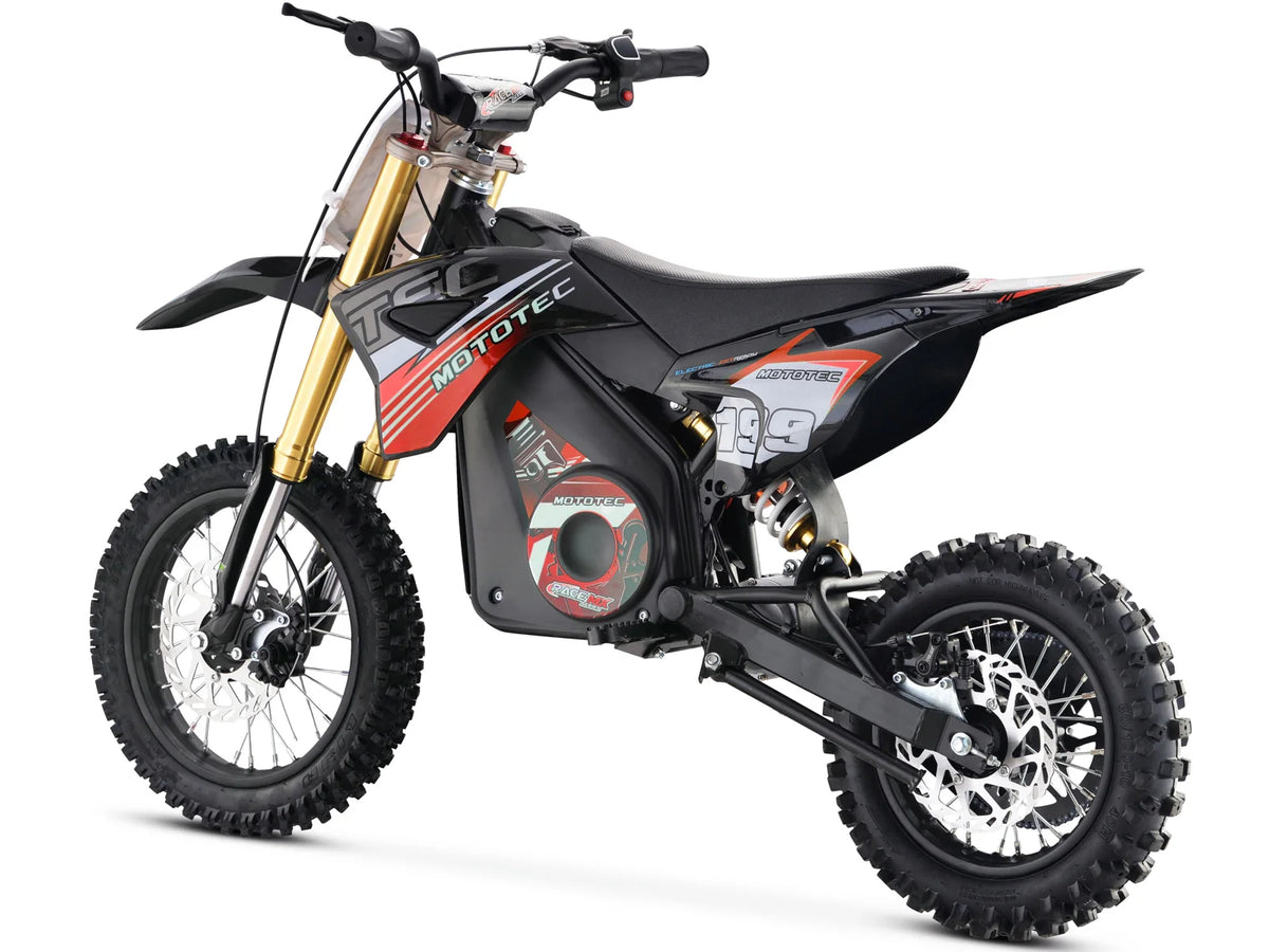 MotoTec Pro 36V 1200W electric dirt bike in red, rear three-quarter view on white background