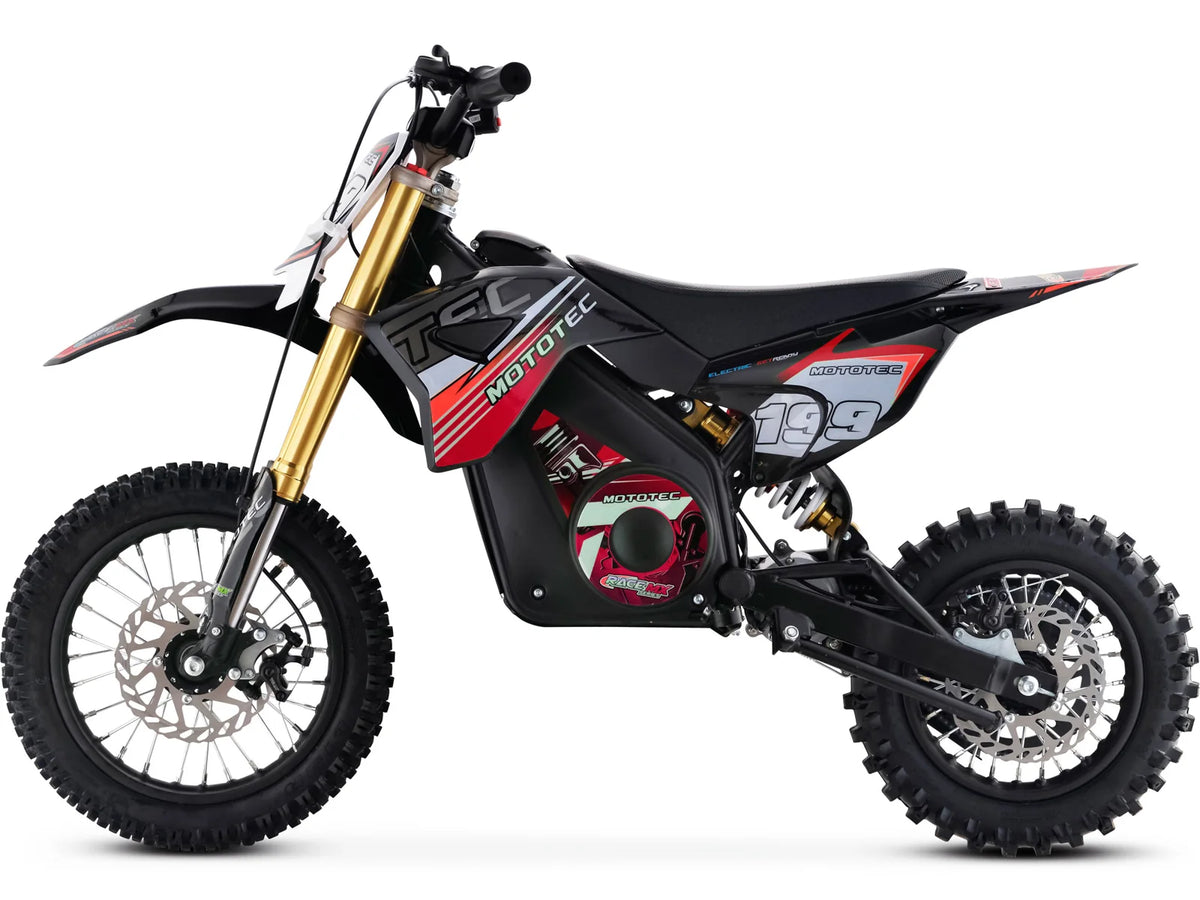 MotoTec Pro 36V 1200W electric dirt bike in red, left side profile on white background