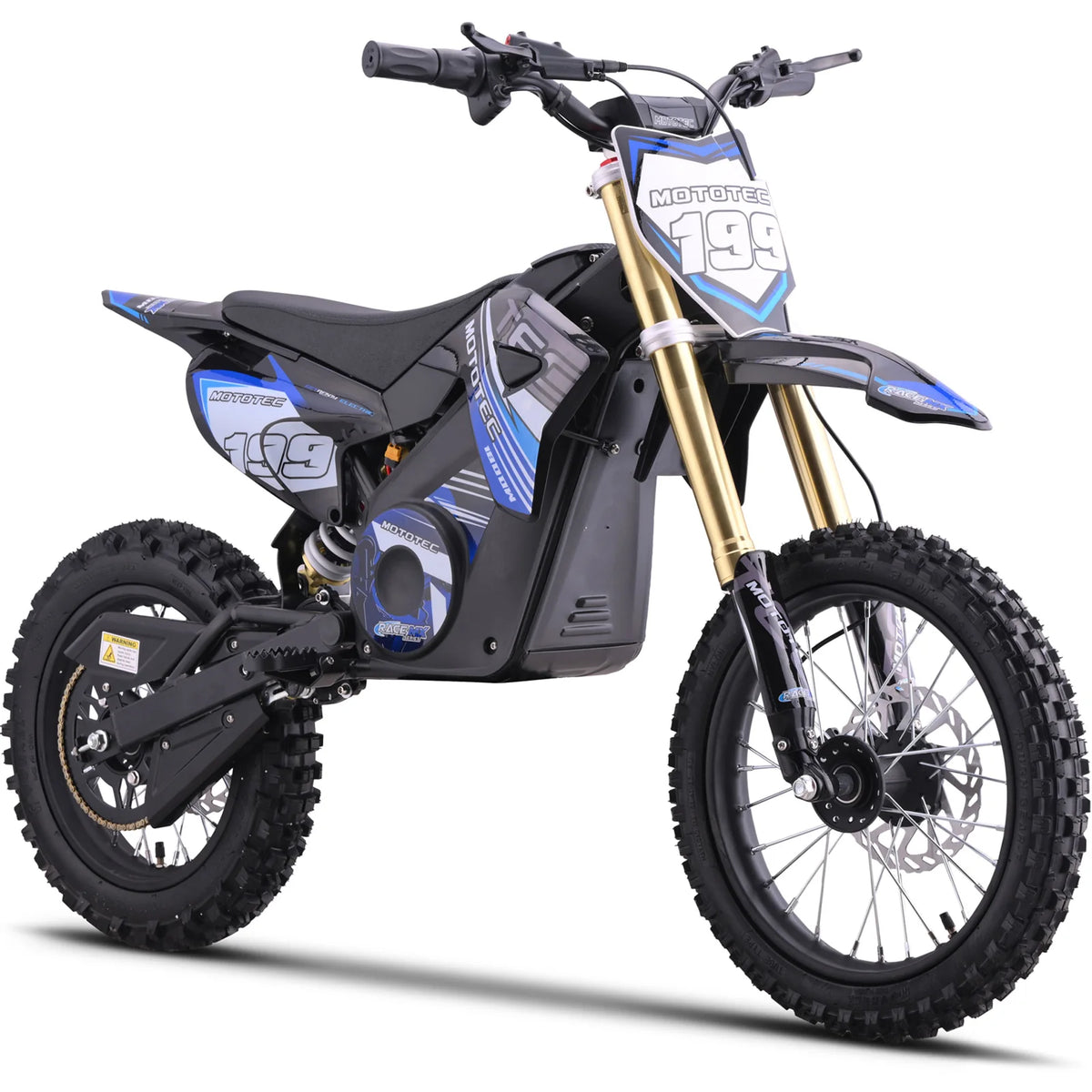 MotoTec Pro 48V 1800W electric dirt bike in blue, front three-quarter view on a white background