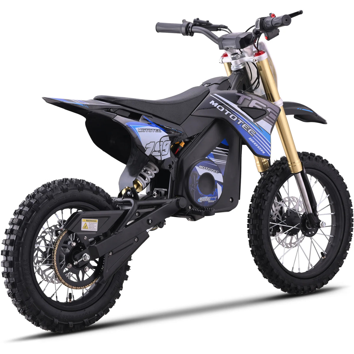 MotoTec Pro 48V 1800W electric dirt bike in blue, opposite rear three-quarter view on a white background