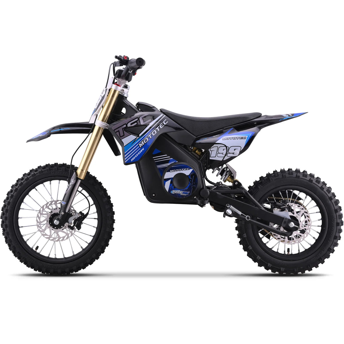 MotoTec Pro 48V 1800W electric dirt bike in blue, left side view on a white background