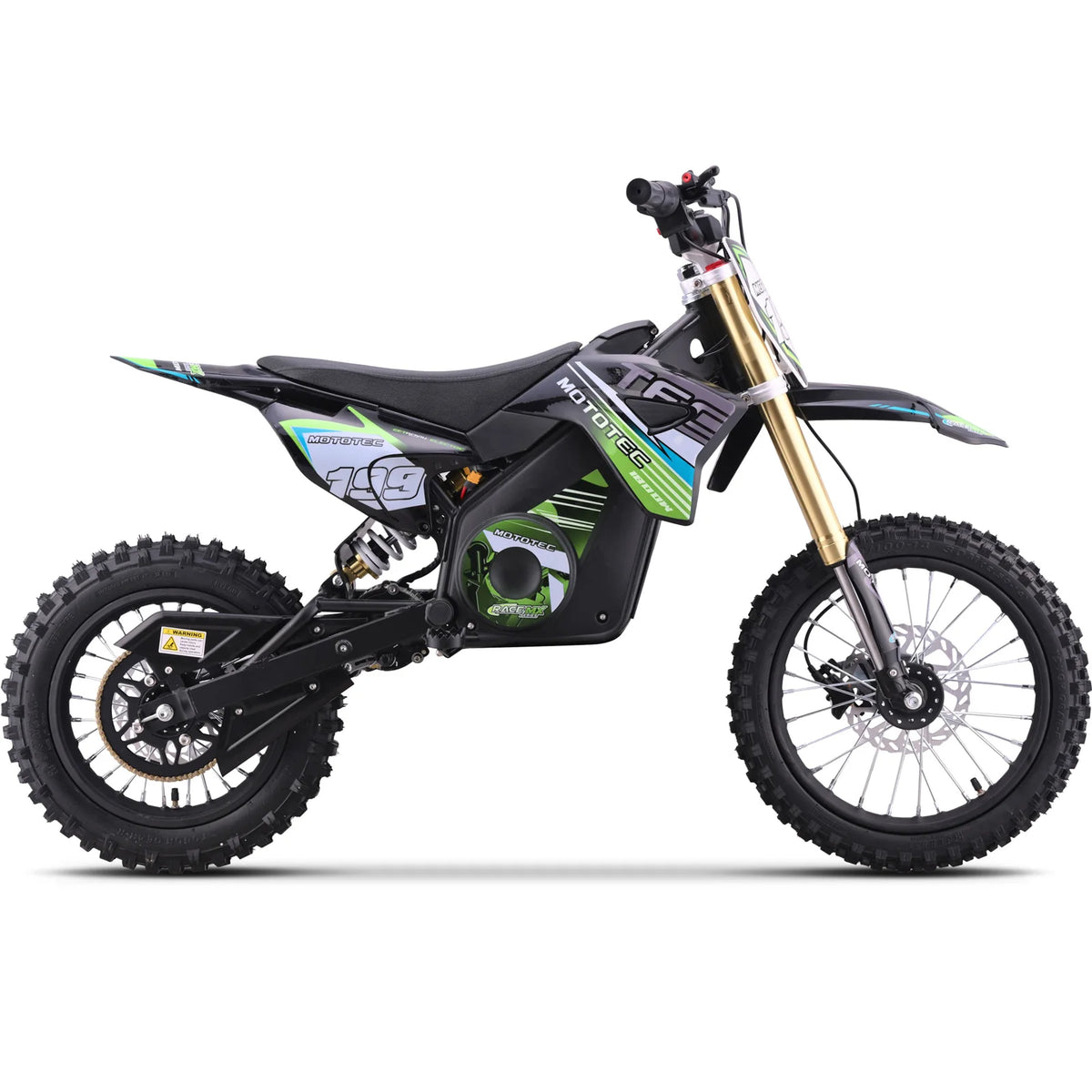 MotoTec Pro 48V 1800W electric dirt bike in green, right side view on a white background