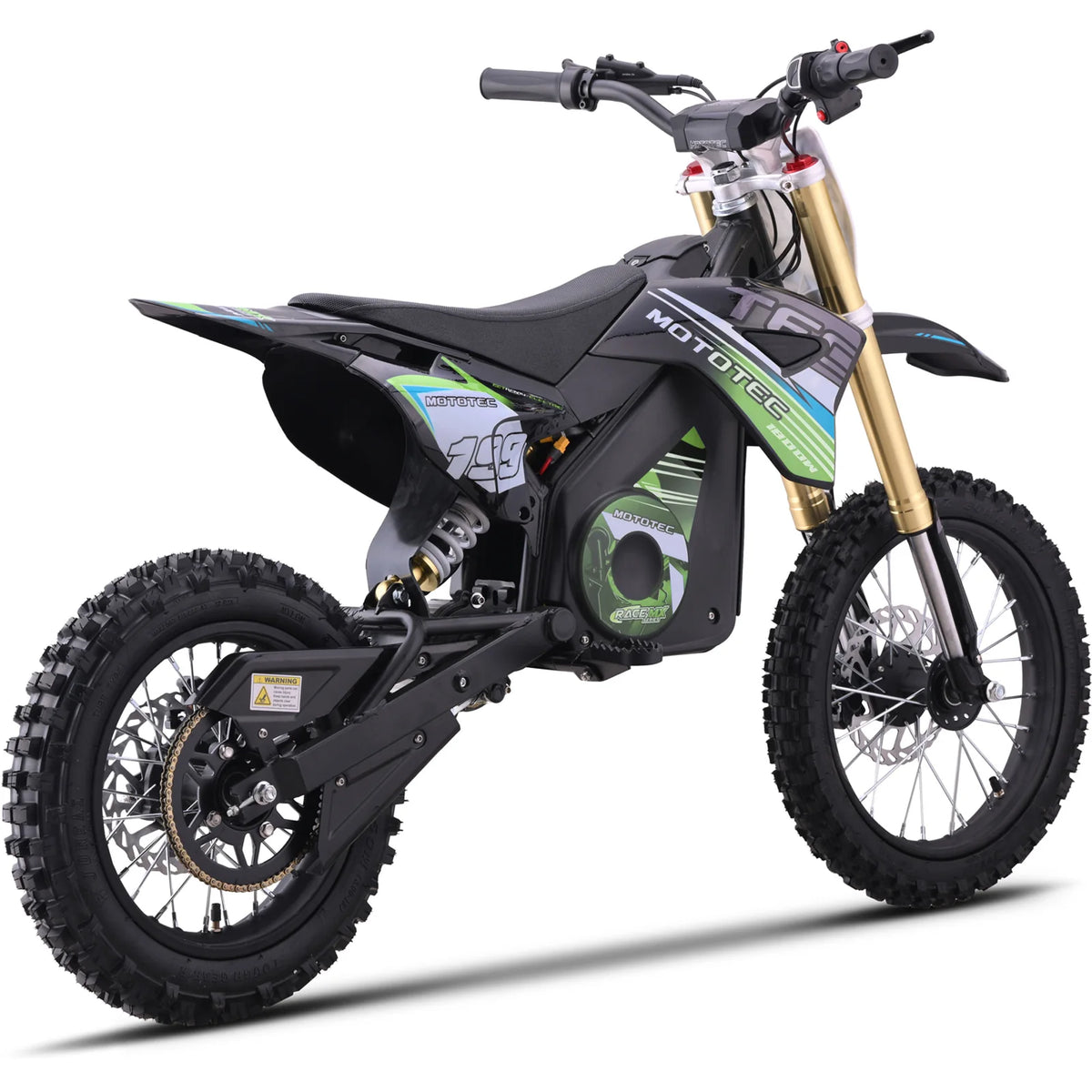 MotoTec Pro 48V 1800W electric dirt bike in green, opposite rear three-quarter view on a white background