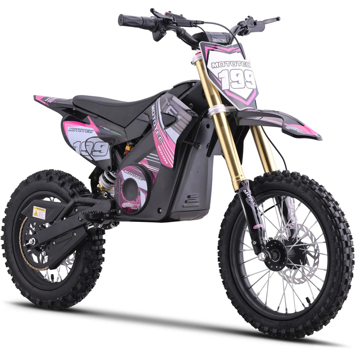 MotoTec Pro 48V 1800W electric dirt bike in pink, front three-quarter view on a white background